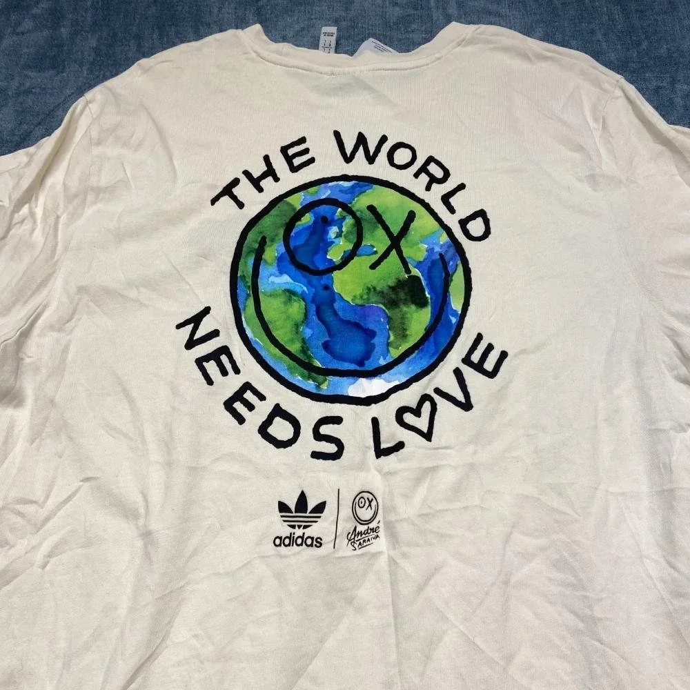 Adidas T-Shirt Mens Large Beige The World Needs Love Graphic Casual Outdoor Tee
